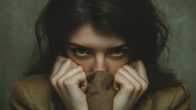 Mysterious portrait of a dark-haired woman with green eyes and freckles hiding her lower face behind a textured brown collar.