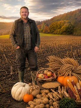 Deutscher Landwirt steht nach der Ernte auf seinem Feld vor herbstlich gef&auml;rbten H&uuml;geln, umgeben von K&uuml;rbissen, &Auml;pfeln, Kartoffeln und Getreide &ndash; l&auml;ndliche Tradition.