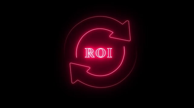 Bright neon roi symbol with circular arrow design on dark background