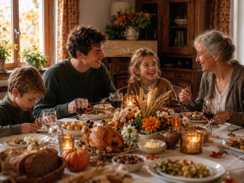 Familie genie&szlig;t gemeinsam ein festliches Herbstessen mit Braten, Kartoffeln und saisonalen Beilagen an einem dekorierten Tisch &ndash; gem&uuml;tliche deutsche Erntedank-Tradition.