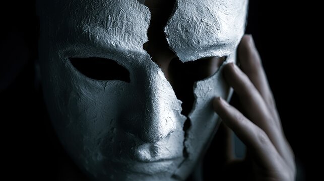 Close-up of a person removing a shattered white mask revealing their eyes. Perfect for representing inner turmoil, hidden truths, or complex human emotional states.
