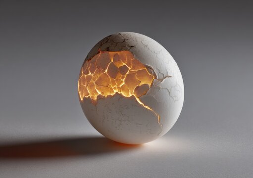 Cracked eggshell with glowing interior a still life photograph with soft lighting and a neutral background