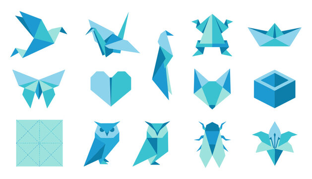 Vector illustration set of blue paper origami animals birds crane butterfly frog owl and objects isolated on white background..svg