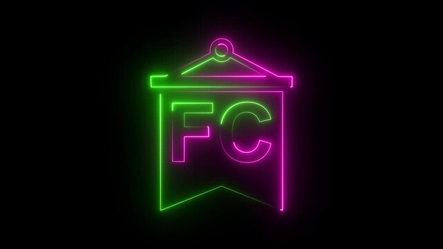 Glowing pink green neon football club pennant icon FC emblem flag symbol dark background.