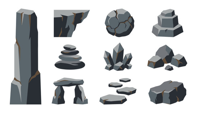 Vector rock and stone set with cliff boulder crystal and cairn isolated on white background stock graphic.svg