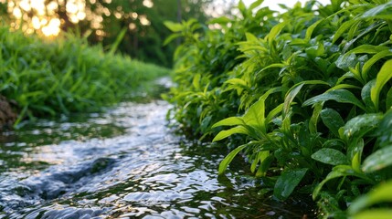 Fototapeta premium Small stream flowing through lush green vegetation a scenic outdoor photograph creek watercourse water river