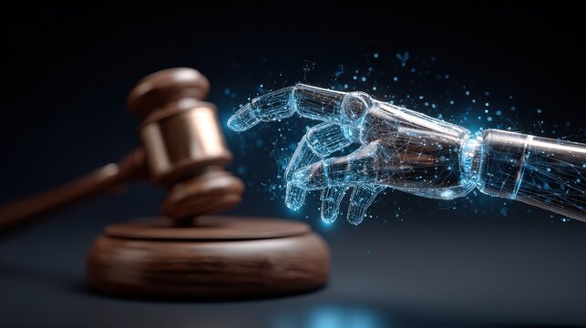 Gavel and robotic hand with glowing blue network a 3d rendering illustration law justice judgement