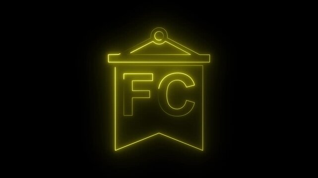 Glowing yellow neon football club pennant icon FC emblem flag symbol dark background.