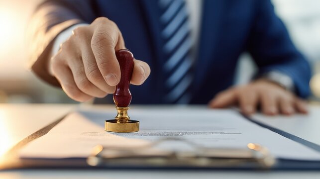 Hand pressing a notary public seal onto a document close up photo with shallow depth of field