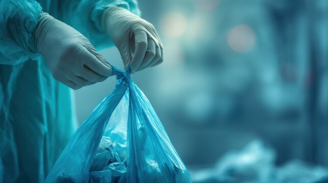 Medical tying a blue plastic bag in a laboratory setting detailed photo waste biohazard color