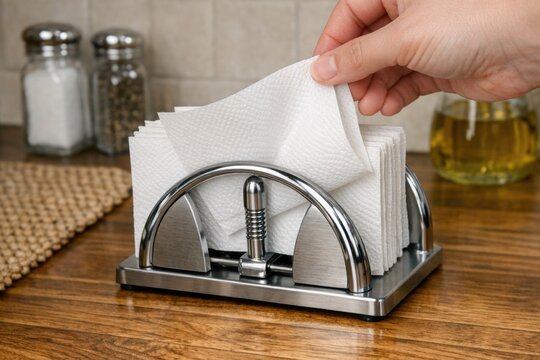 A napkin being put into a napkin holder, simple everyday moment