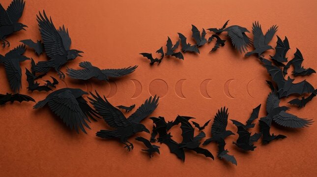 Black paper bats swarm with moon phases on orange background