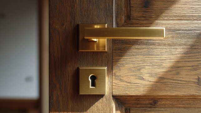 Brass door lever and lockset on a wooden door interior architectural detail hardware keyhole lock