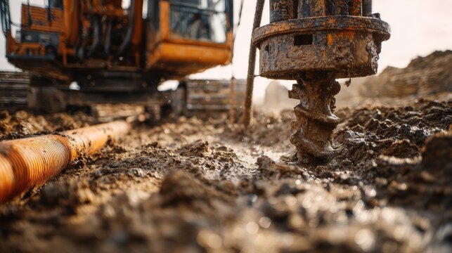 Auger drill bit penetrating muddy soil close up photo of construction machinery in operation earth