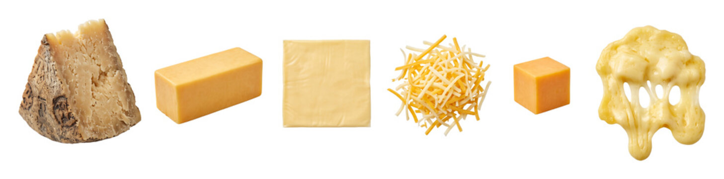 Different cheese types including block wedge slice shredded cube and melted