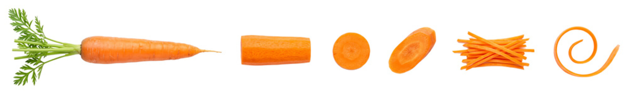 Fresh carrot cuts including julienne slices and whole root vegetable