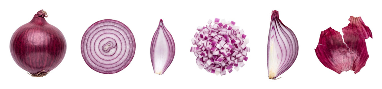 Red onion set with whole vegetable, slice, wedge, diced pieces and skin peel