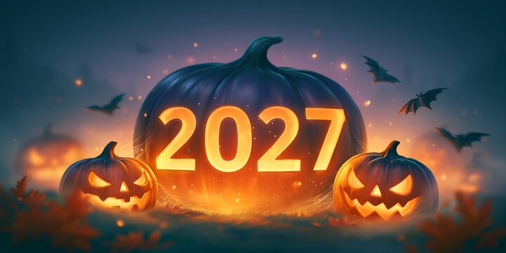 Halloween-themed graphic featuring a glowing 2027 pumpkin