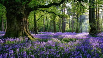 Obraz premium A massive oak tree stands over a dense carpet of purple bluebells in a misty spring forest. This majestic outdoor scene evokes themes of natural growth.