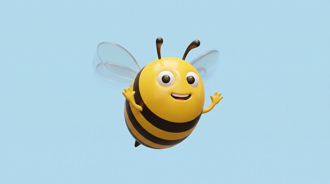 Cute 3D honey bee character, friendly bumblebee mascot on blue background, cheerful flying insect illustration for kids