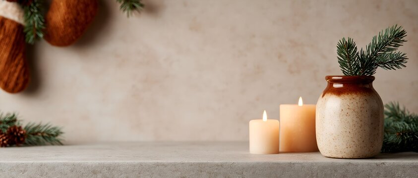 Candles glowing beside pine branches and ceramic jar on textured stone