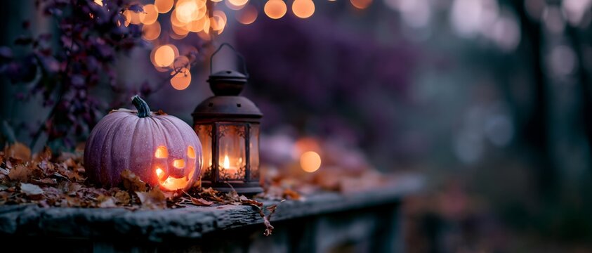 Pumpkin and lantern with glowing lights on stone