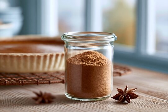 Cinnamon spice jar with star anise on rustic wooden surface
