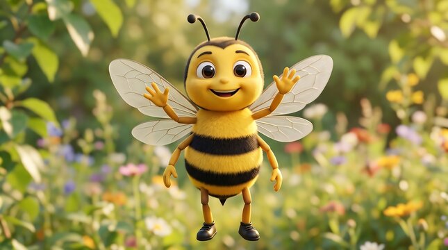 Cute cartoon honey bee character waving in sunny garden, friendly bumblebee mascot in spring meadow, 3d render of happy insect