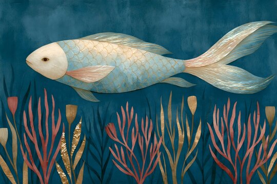 fish swims gracefully among colorful coral and sea plants
