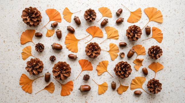 Flat lay arrangement of yellow ginkgo leaves, pine cones, and acorns in warm autumn tones on speckled beige surface