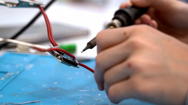 Hands hold a soldering iron over wires. Red cables connect to a small circuit board. Workbench is blue, with tools scattered around. Focus is on precise soldering technique