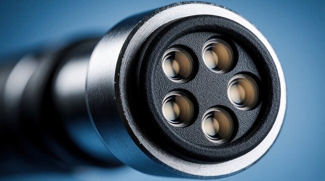 Macro view of medical endoscope tip with multiple precision lenses and integrated illumination. This device uses advanced micro engineering for detailed internal body examination and diagnosis.