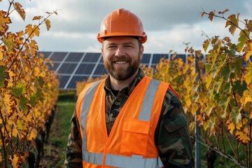 Naklejka premium Bearded engineer wears hard hat and safety vest in vineyard with solar panels. Man smiles, autumn leaves visible. Represents renewable energy and agriculture.
