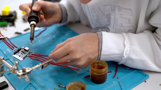 Hands hold soldering iron, carefully heating wire. Red wires connect to small metal component. Blue mat holds tools, grease jars, and parts. Person wears white lab coat, focused on task