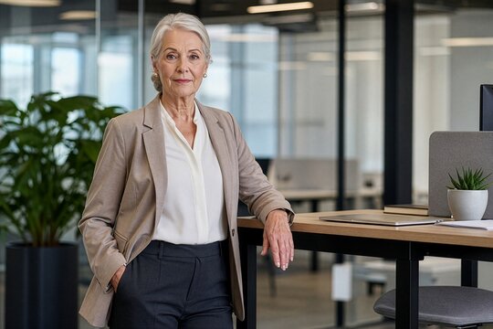 Confident senior businesswoman in a suit standing by a desk in a modern office, concept of successful mature professional, experienced leadership and active career in later life