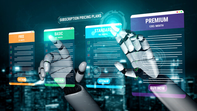 Futuristic robotic hand interacting with digital subscription pricing plans displaying options for free, basic, standard, and premium tiers in a modern cityscape. Glyphic.