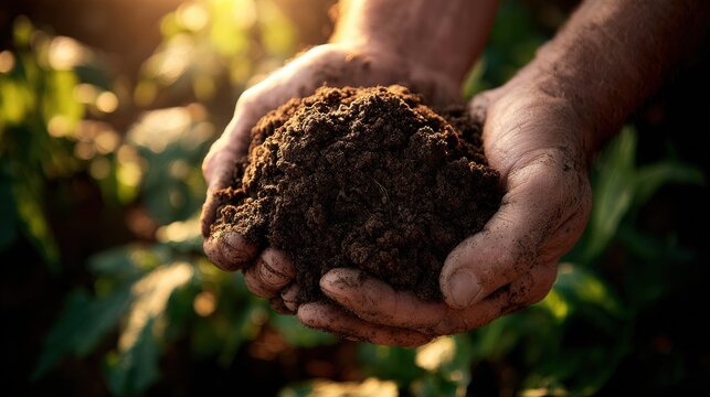 Hands holding dark soil a close up photo with a blurred green background and warm sunlight