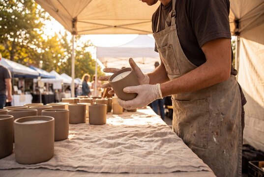 Candle vendor holding ceramic candle at sunlit outdoor market stall