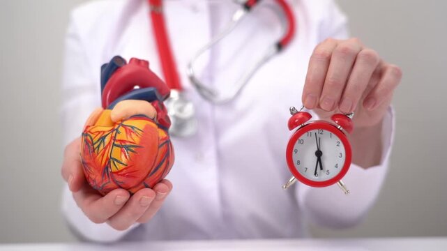 Doctor holds heart model and red alarm clock. Medical staff shows care for heart health. Alarm clock symbolizes time-sensitive treatment. Ideal for health, wellness, or cardiovascular topics