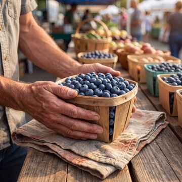 Hands holding a wooden pint basket of fresh blueberries at market