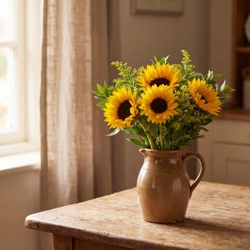 Sunflower bouquet in rustic ceramic pitcher on wood table