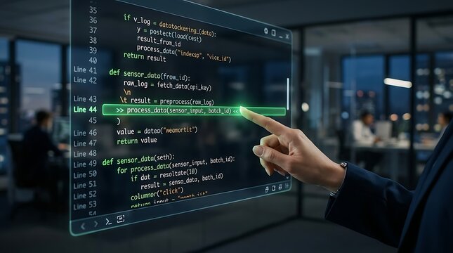 Software developer touching code on a digital screen