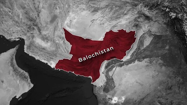 Red-highlighted territory of Balochistan shown on an animated grayscale geography map