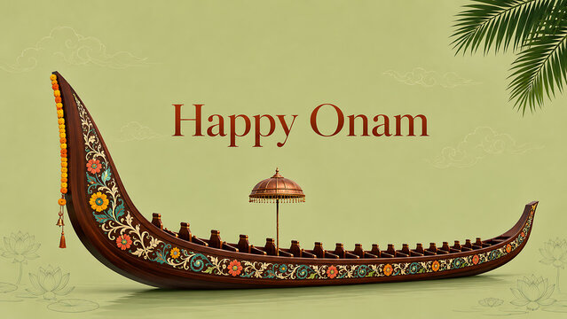 Happy onam vibrant orange background with marigold flower garland line and golden snake boat icon for south indian festival in kerala banner design