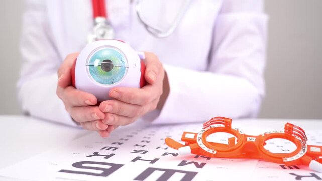 Doctor holds model eye with calm focus. Orange frames rest on eye chart nearby. Professional setting implies medical education. Stethoscope hangs loosely on white coat
