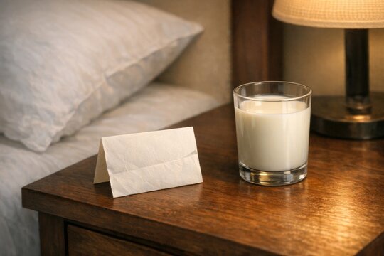 A glass of milk placed next to a note on a nightstand