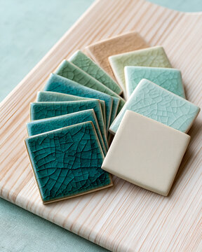Glazed tile samples fanned in an arc from teal to sand
