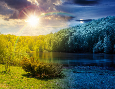 day meet night landscape by the lake. sun and moon over deciduous forest near the glacial lake at twilight. view of primeval forest of carpathian mountains in spring. epic sky. astrology wallpaper