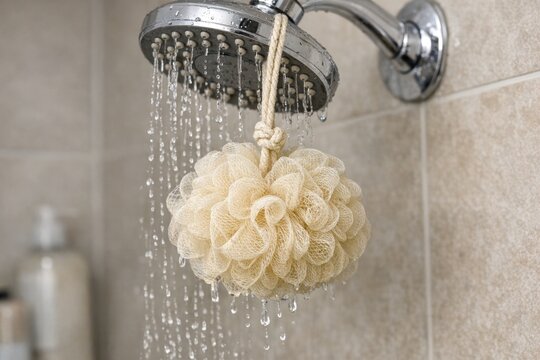 A shower head with a soap ball hanging from it, ideal for bathroom scenes or personal hygiene demonstrations
