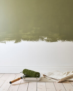 Wall half rolled in fresh olive paint with the roller below